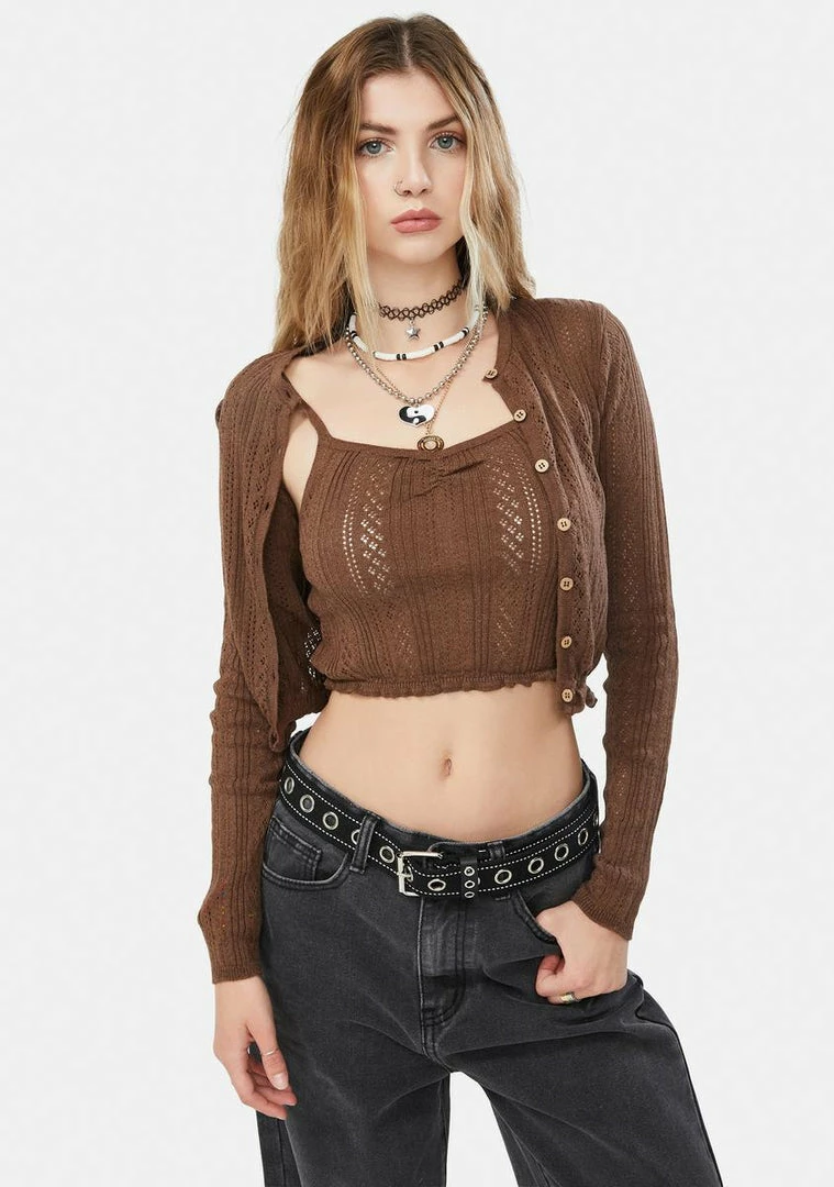 Deals βοΈ BDG Tops Mocha Pointelle Cardigan & Cami Twin Set π― 2 BDG Tops Mocha Pointelle Cardigan & Cami Twin Set