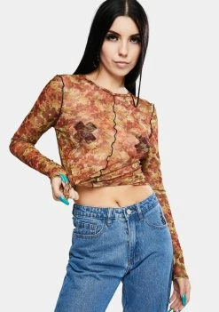 BDG Tops Print Mesh Floral Top
