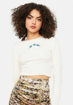 BDG Tops Embroidered Lace Trim Long Sleeve Tee