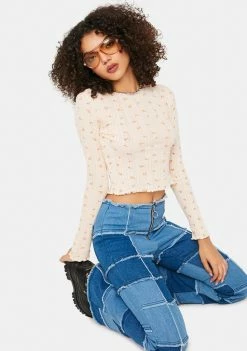 BDG Floral Lettuce Edge Long Sleeve Top Tops