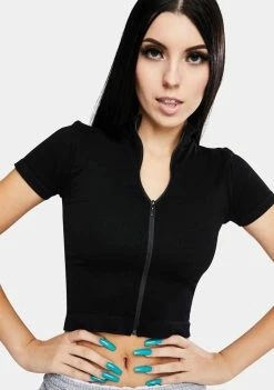 BDG Tops Ribbed Zip Through Funnel Neck