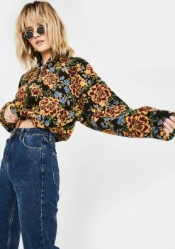 BDG Outerwear Floral Fleece Cropped Pullover