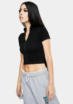 BDG Tops Ribbed Zip Through Funnel Neck