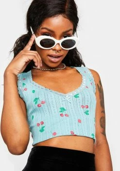BDG Teal Crop Pointelle Cotton Tank Tops