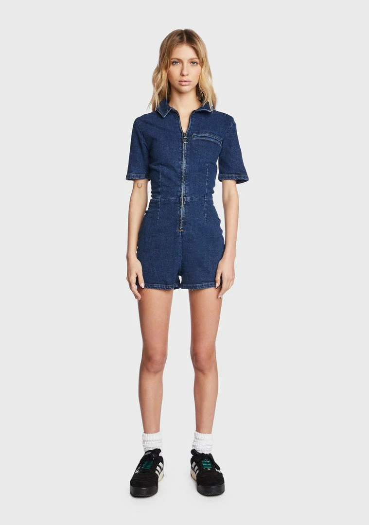 Hot Sale βοΈ BDG Sunny Denim Romper Short Sleeve Rompers π 1 BDG Sunny Denim Romper Short Sleeve Rompers