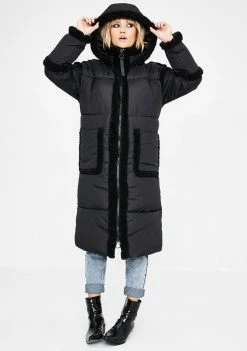 BDG Fleece Trim Longline Puffer Coat Outerwear