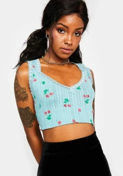 BDG Teal Crop Pointelle Cotton Tank Tops